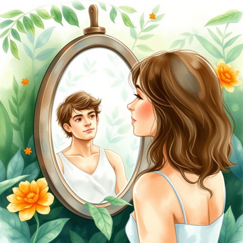 A woman looking at herself in a mirror surrounded by lush nature