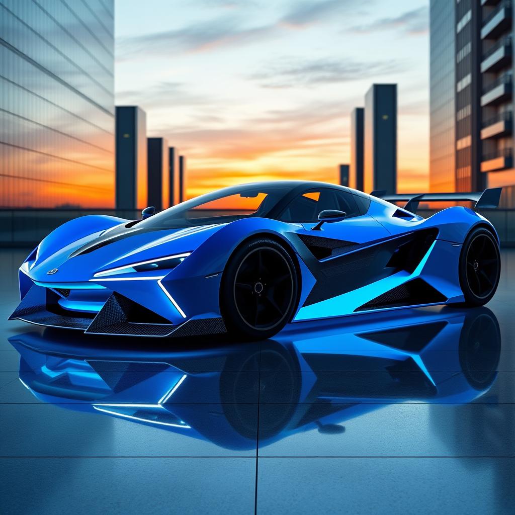 A unique hypercar design featuring a sleek, aerodynamic body with sharp angular lines and a futuristic aesthetic