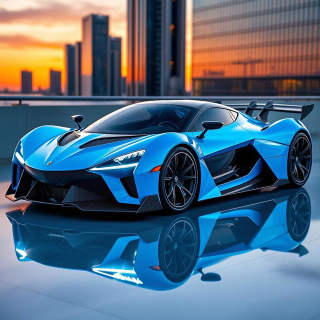 A unique hypercar design featuring a sleek, aerodynamic body with sharp angular lines and a futuristic aesthetic