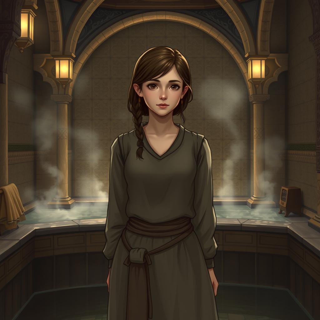 A young female human servant in a DnD universe, standing watch in a medieval-style hammam bathhouse