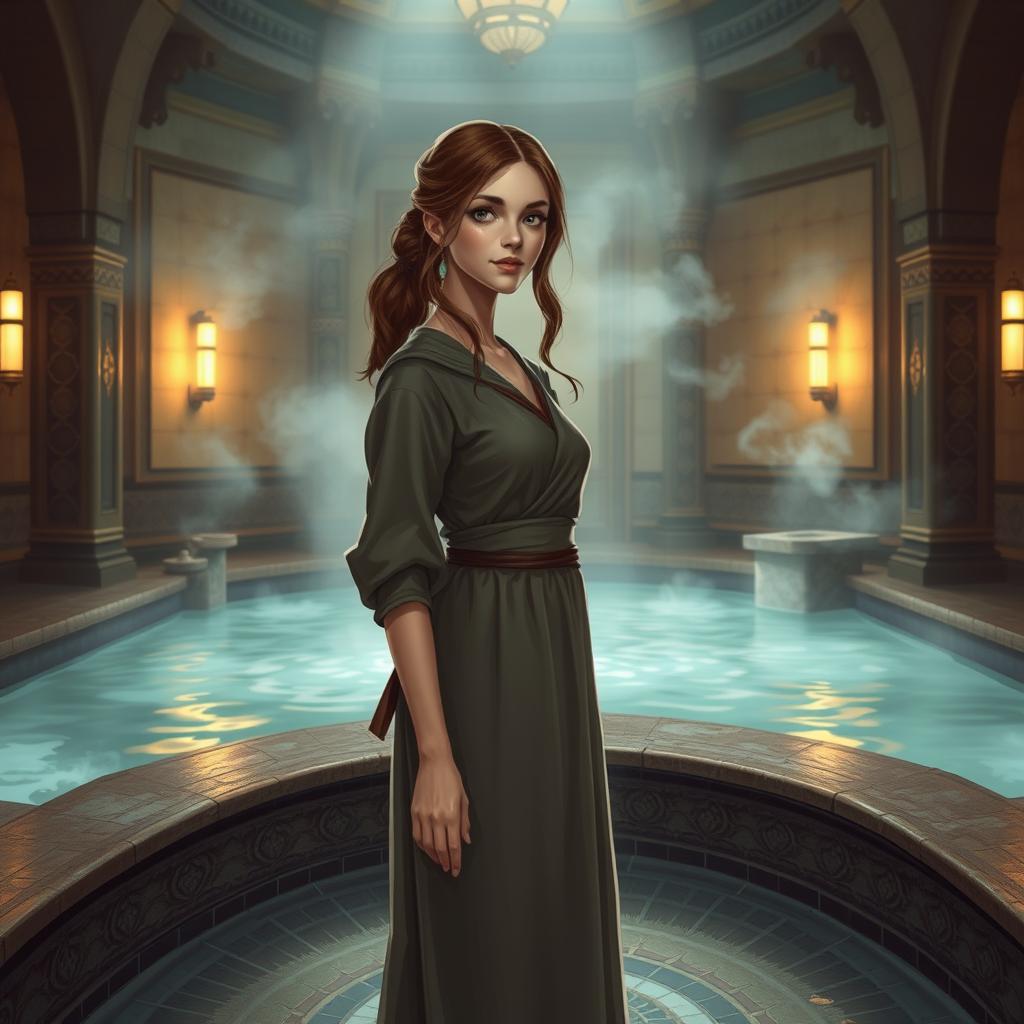 A young female human servant in a DnD universe, standing watch in a medieval-style hammam bathhouse