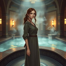 A young female human servant in a DnD universe, standing watch in a medieval-style hammam bathhouse