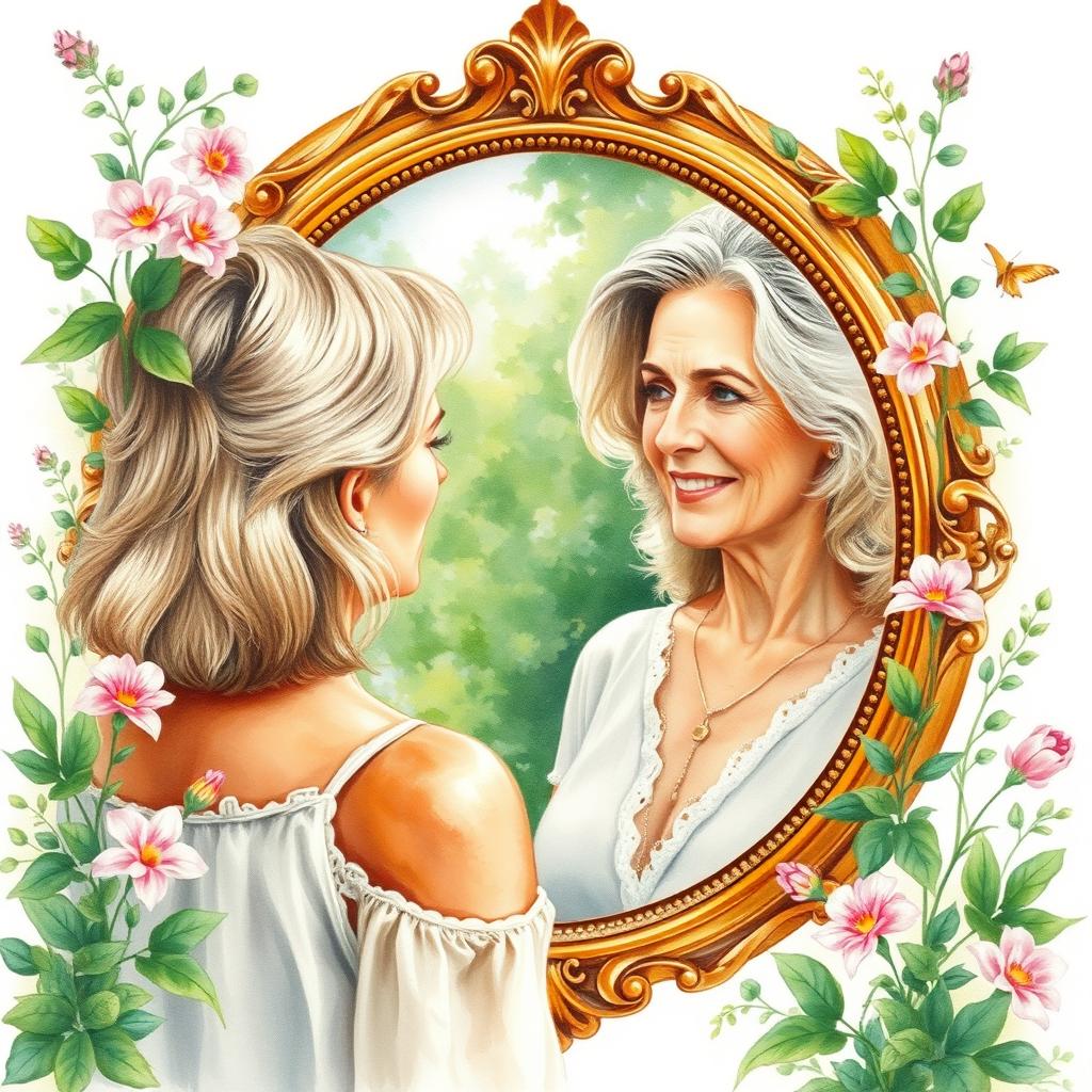 An attractive mature woman gazing at herself in a mirror surrounded by lush nature