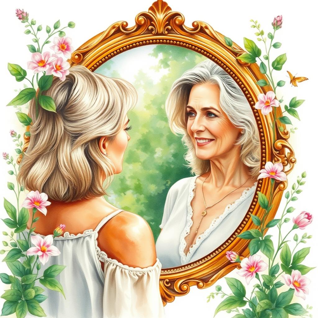 An attractive mature woman gazing at herself in a mirror surrounded by lush nature