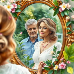 An attractive mature woman gazing at herself in a mirror surrounded by lush nature