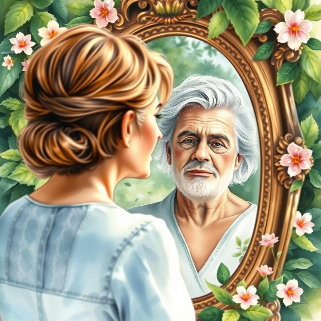 An attractive mature woman gazing at herself in a mirror surrounded by lush nature