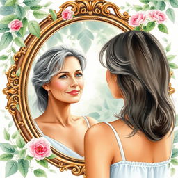 An attractive mature woman gazing at herself in a mirror surrounded by lush nature