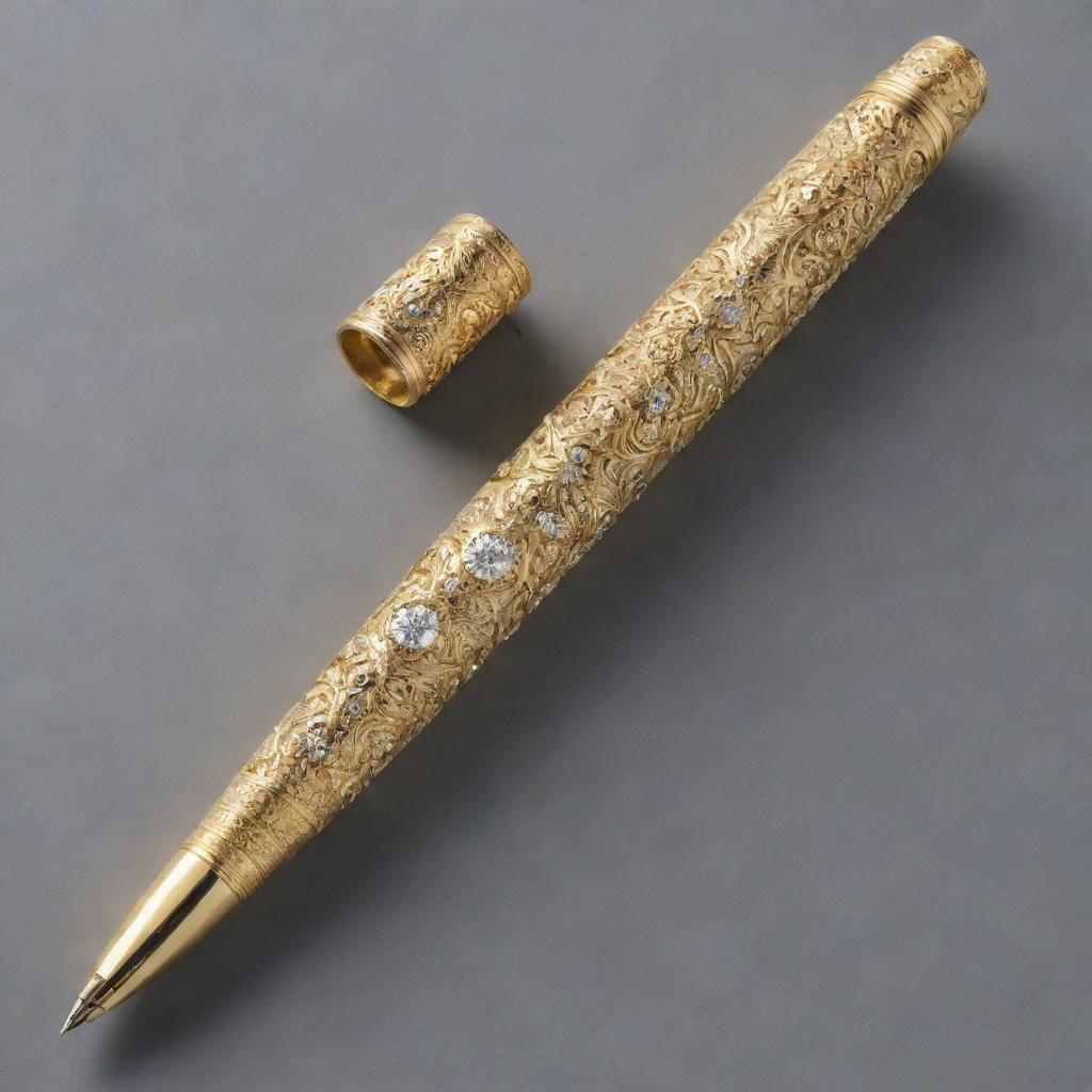 Please generate an elegant and intricate writing instrument, shimmering with diamonds, encased in pure gold and adorned with detailed engravings, reflecting its value of one million dollars.