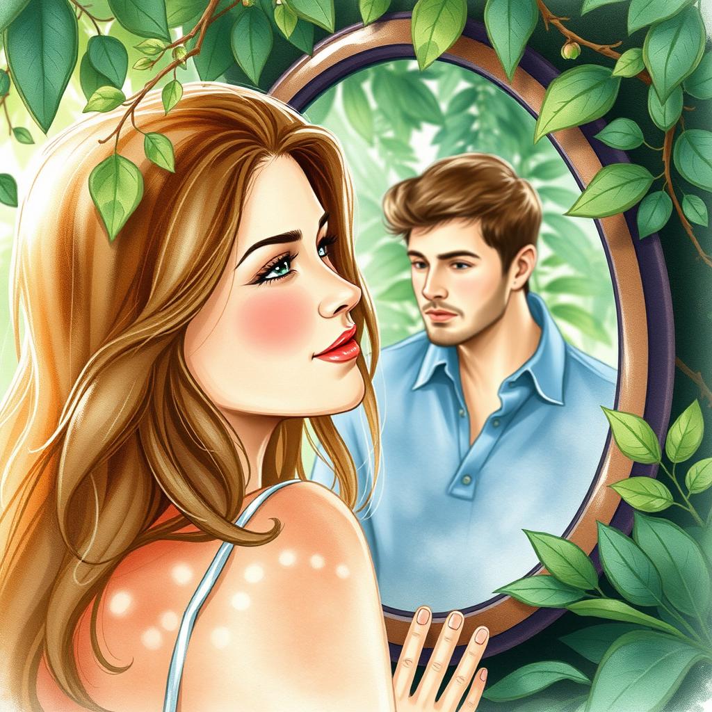 An attractive woman, 30 years old, gazing into a mirror surrounded by lush nature