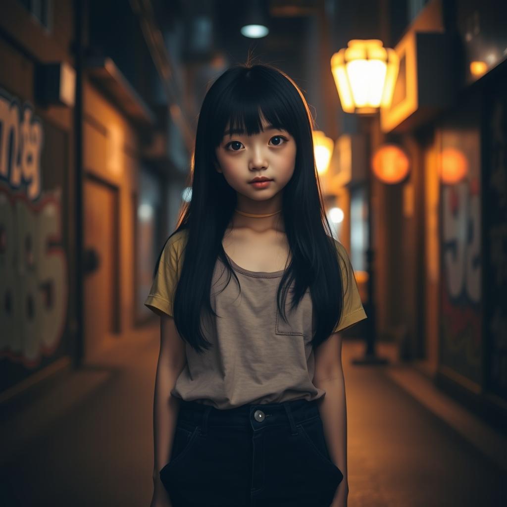 A cute Japanese girl standing in front view in a dark street background