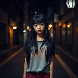 A cute Japanese girl standing in front view in a dark street background