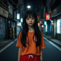 A cute Japanese girl standing in front view in a dark street background