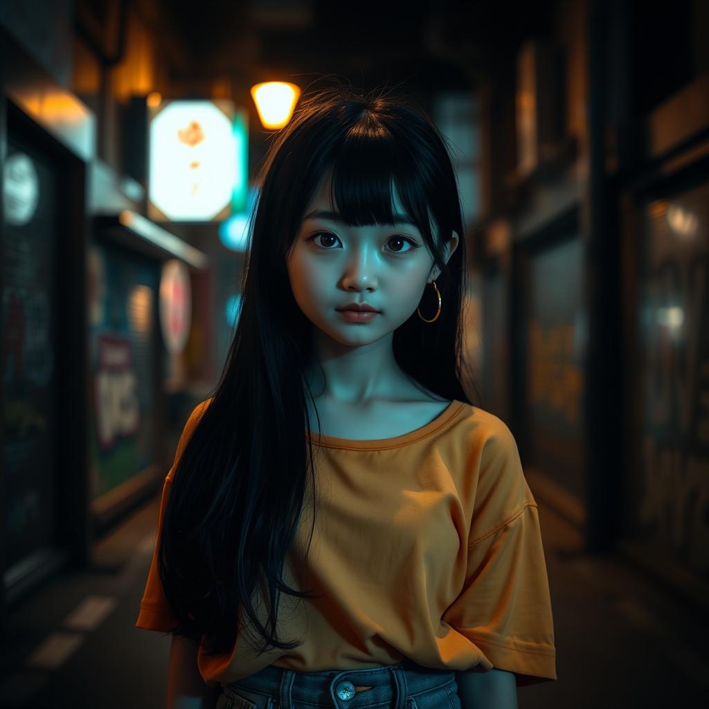 A cute Japanese girl standing in front view in a dark street background