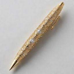 Please generate an elegant and intricate writing instrument, shimmering with diamonds, encased in pure gold and adorned with detailed engravings, reflecting its value of one million dollars.