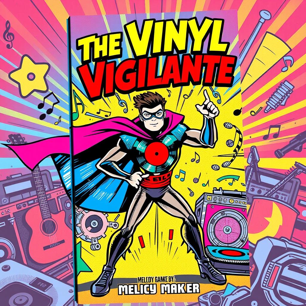 A vibrant and dynamic comic book cover for 'The Vinyl Vigilante' by Melody Maker, featuring a music-themed superhero