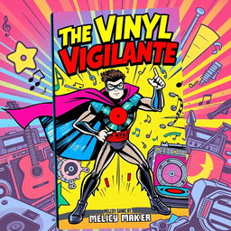 A vibrant and dynamic comic book cover for 'The Vinyl Vigilante' by Melody Maker, featuring a music-themed superhero