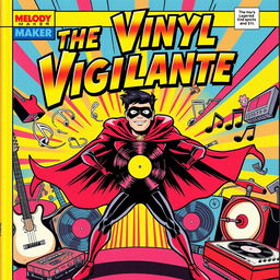 A vibrant and dynamic comic book cover for 'The Vinyl Vigilante' by Melody Maker, featuring a music-themed superhero