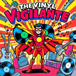 A vibrant and dynamic comic book cover for 'The Vinyl Vigilante' by Melody Maker, featuring a music-themed superhero