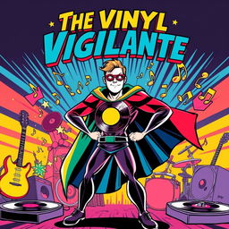 A vibrant and dynamic comic book cover for 'The Vinyl Vigilante' by Melody Maker, featuring a music-themed superhero