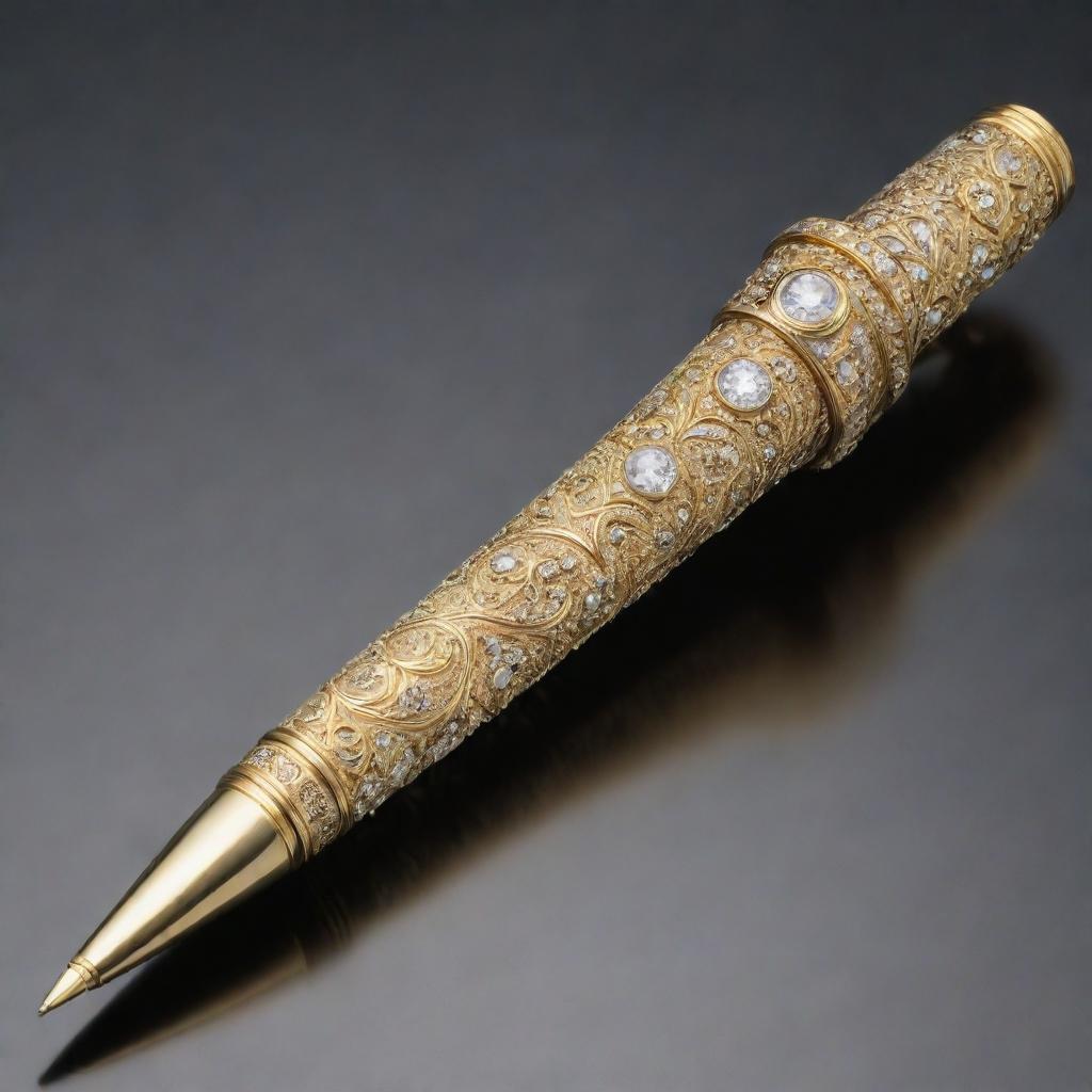 Please generate an elegant and intricate writing instrument, shimmering with diamonds, encased in pure gold and adorned with detailed engravings, reflecting its value of one million dollars.