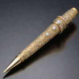Please generate an elegant and intricate writing instrument, shimmering with diamonds, encased in pure gold and adorned with detailed engravings, reflecting its value of one million dollars.