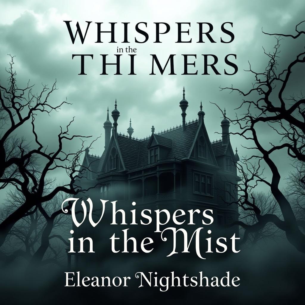 A chilling book cover design for 'Whispers in the Mist' by Eleanor Nightshade