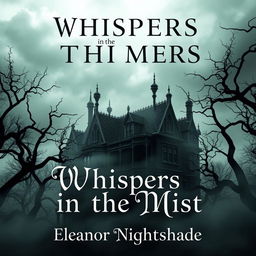 A chilling book cover design for 'Whispers in the Mist' by Eleanor Nightshade