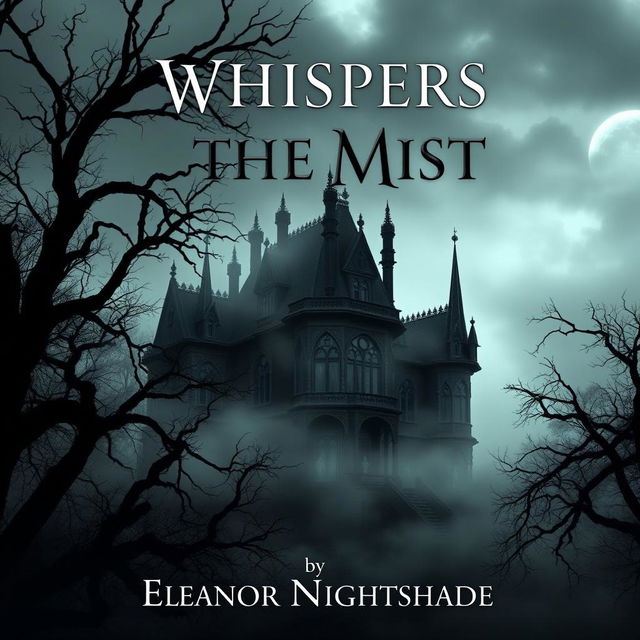 A chilling book cover design for 'Whispers in the Mist' by Eleanor Nightshade