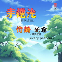 A serene anime-style landscape as the background for a book cover, featuring lush trees and a tranquil atmosphere