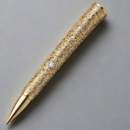 Please generate an elegant and intricate writing instrument, shimmering with diamonds, encased in pure gold and adorned with detailed engravings, reflecting its value of one million dollars.