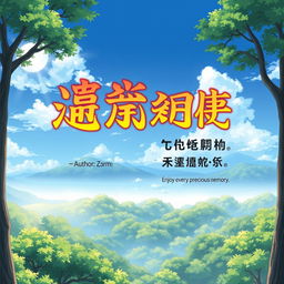 A serene anime-style landscape as the background for a book cover, featuring lush trees and a tranquil atmosphere