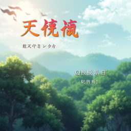 A serene anime-style landscape as the background for a book cover, featuring lush trees and a tranquil atmosphere