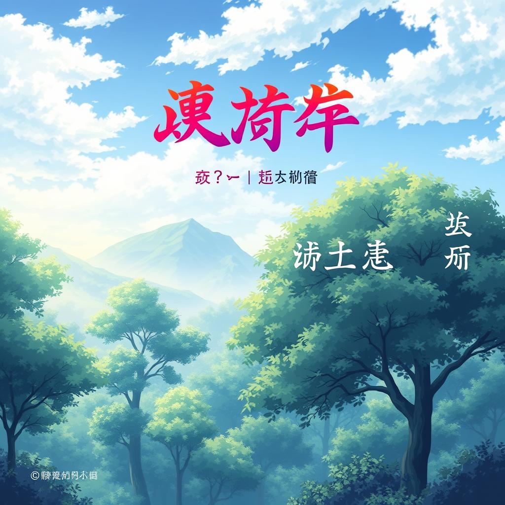 A serene anime-style landscape as the background for a book cover, featuring lush trees and a tranquil atmosphere