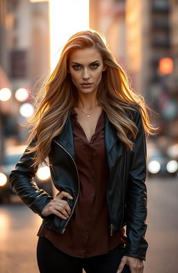 A striking subject portrait of a confident woman standing on an urban street at sunset