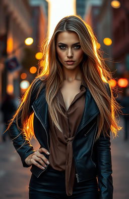 A striking subject portrait of a confident woman standing on an urban street at sunset