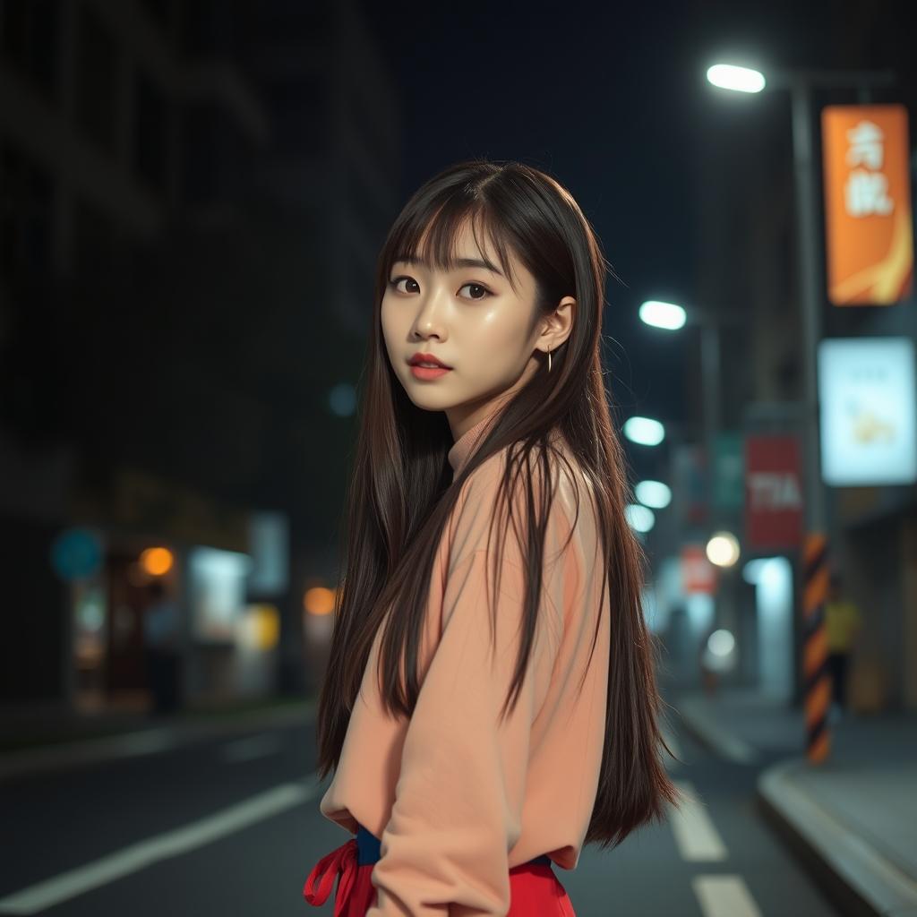 A cute Korean girl positioned on the right side in front view against a dark street background