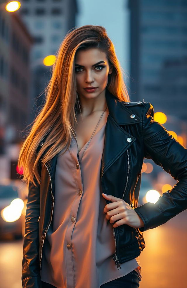 A striking subject portrait of a confident woman standing on an urban street at sunset