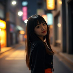 A cute Korean girl positioned on the right side in front view against a dark street background