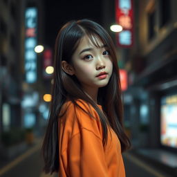 A cute Korean girl positioned on the right side in front view against a dark street background