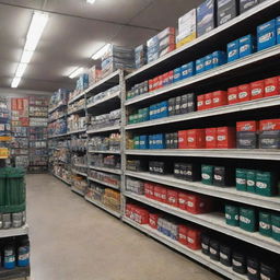 A bustling online auto parts store with a variety of items for sale, including gears, car batteries, spark plugs, tires, and brake pads.