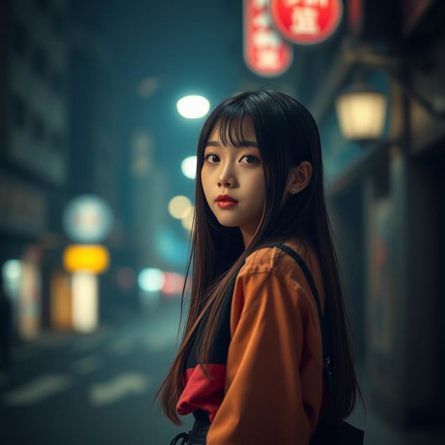 A cute Korean girl positioned on the right side in front view against a dark street background