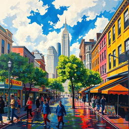 An impressionist painting depicting a bustling cityscape, filled with vibrant colors and dynamic brush strokes