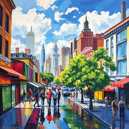 An impressionist painting depicting a bustling cityscape, filled with vibrant colors and dynamic brush strokes