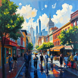 An impressionist painting depicting a bustling cityscape, filled with vibrant colors and dynamic brush strokes