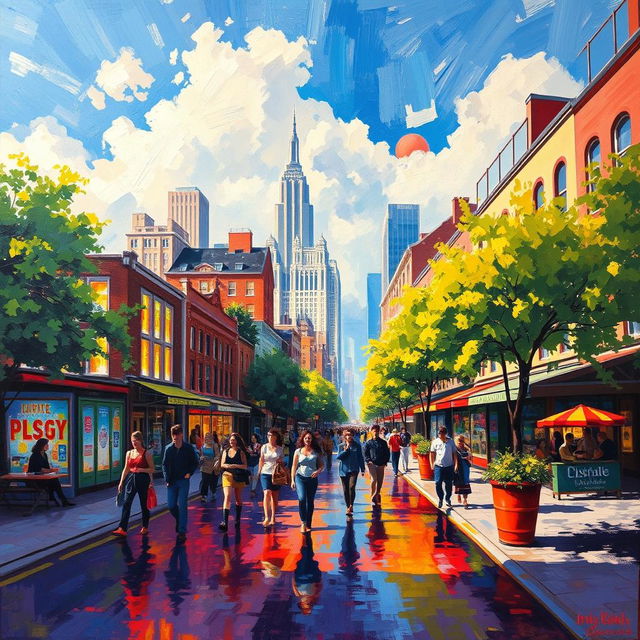 An impressionist painting depicting a bustling cityscape, filled with vibrant colors and dynamic brush strokes