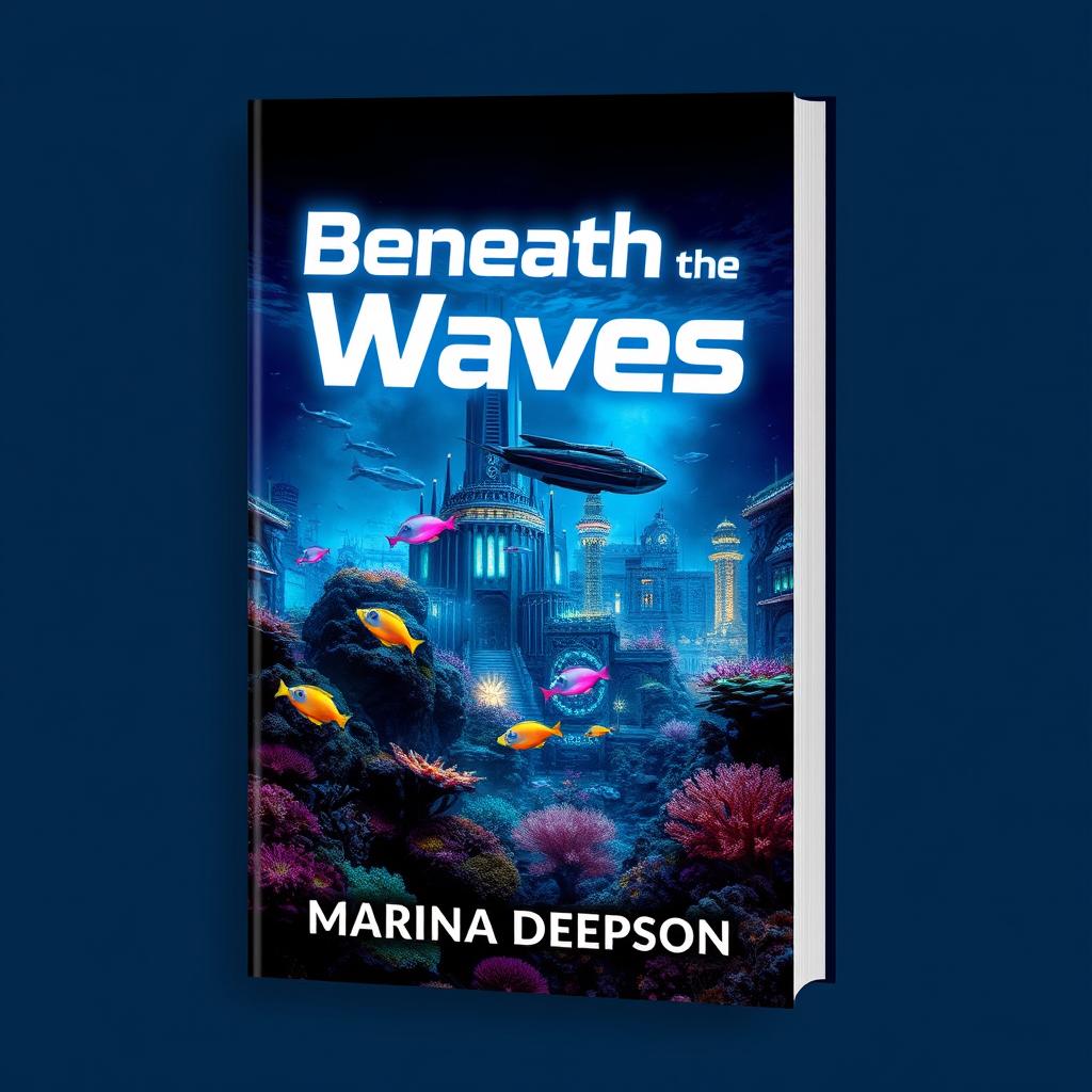 A captivating book cover design for 'Beneath the Waves' by Marina Deepson, featuring a breathtaking underwater sci-fi scene