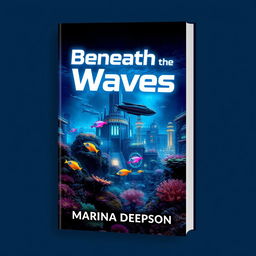 A captivating book cover design for 'Beneath the Waves' by Marina Deepson, featuring a breathtaking underwater sci-fi scene