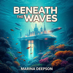 A captivating book cover design for 'Beneath the Waves' by Marina Deepson, featuring a breathtaking underwater sci-fi scene