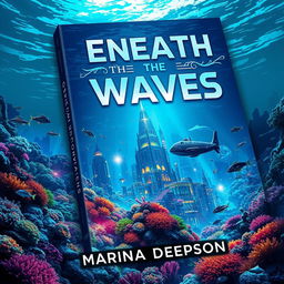 A captivating book cover design for 'Beneath the Waves' by Marina Deepson, featuring a breathtaking underwater sci-fi scene