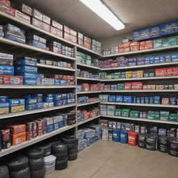 A bustling online auto parts store with a variety of items for sale, including gears, car batteries, spark plugs, tires, and brake pads.